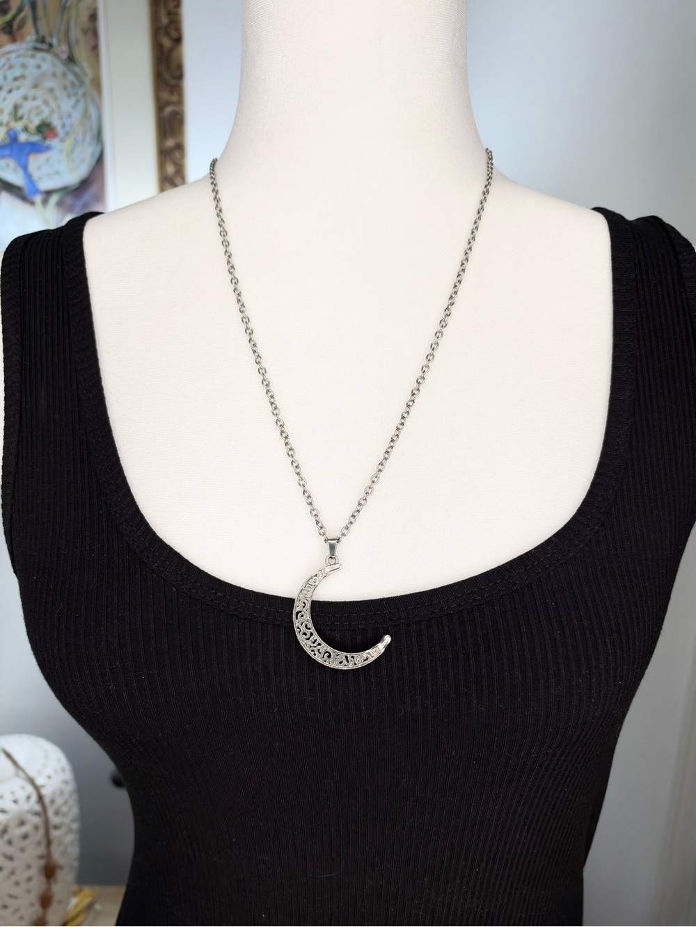 Silver Tone Crescent Moon Necklace Filigree Celestial Boho Pendant 22”